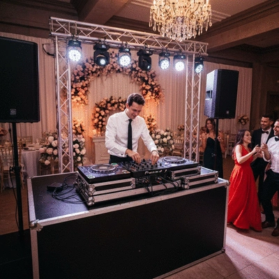 Wedding DJ mixing music at a reception