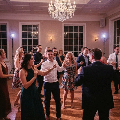 Wedding guests happily dancing on a dance floor, vibrant lights, energetic atmosphere
