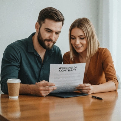 Couple reviewing a wedding DJ contract together, with a pen and coffee on a table