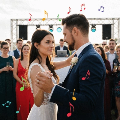 Couple dancing at a wedding, surrounded by guests, with a DJ booth in the background and diverse musical notes floating around them