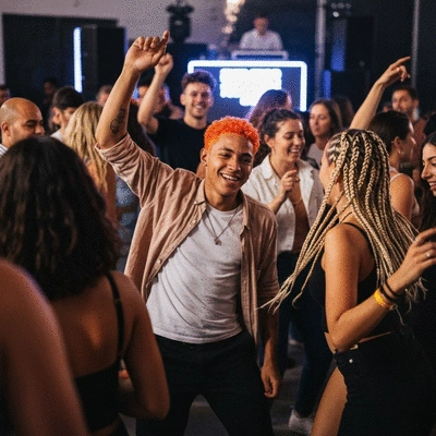 Happy diverse crowd dancing at a vibrant event with a DJ booth in background