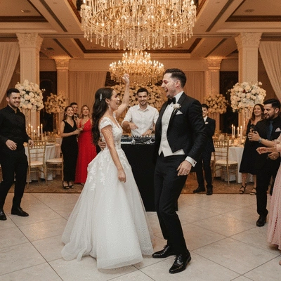 Happy wedding couple dancing with a DJ playing music in the background