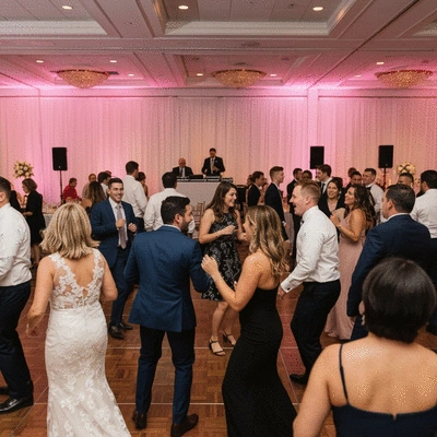 DJ playing music at a vibrant wedding reception with guests dancing