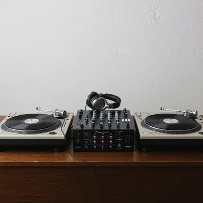 Professional DJ equipment setup with turntables and mixer