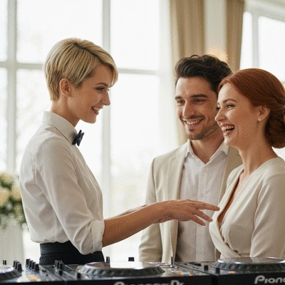 Wedding DJ discussing details with a happy couple, showing open communication