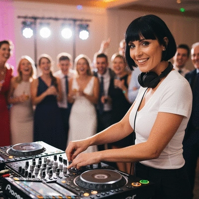 Wedding DJ at a mixing console with lights