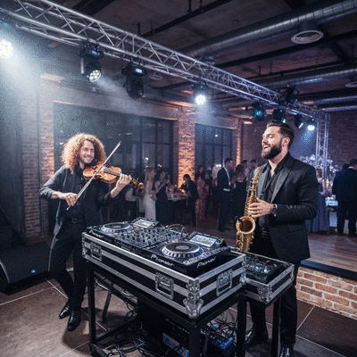 DJ hybrid ensemble performing at a wedding reception with a saxophonist and violinist on stage, dynamic lighting, no text, no words, no typography, clean image