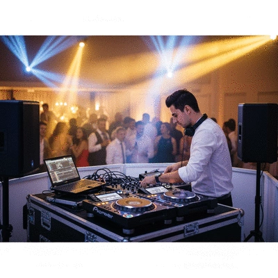 Professional wedding DJ mixing music at a lively reception