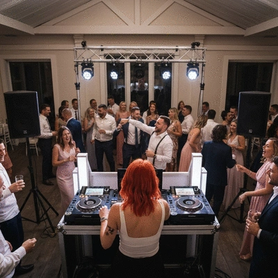 Wedding DJ at a reception, engaging with guests, with professional lighting and sound equipment